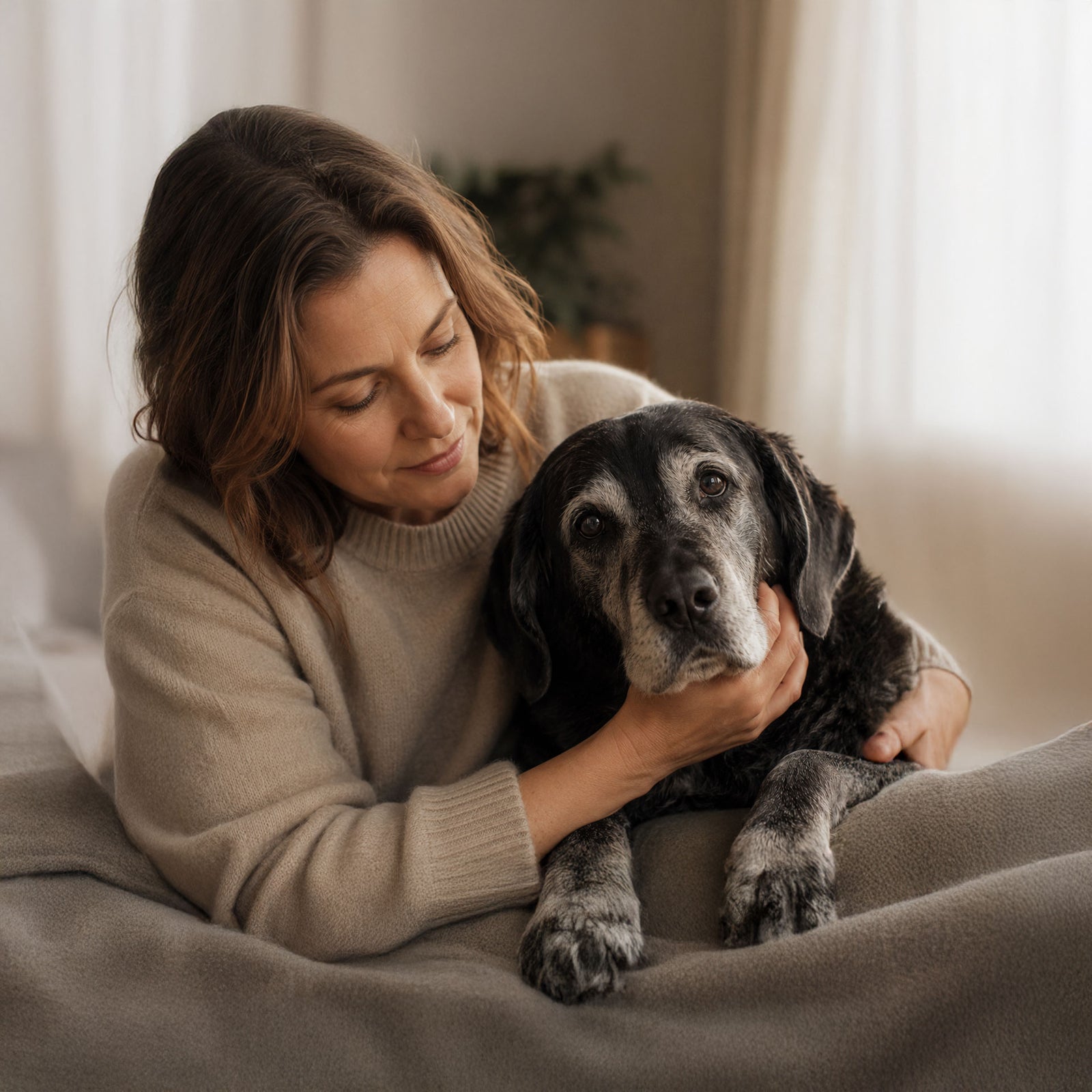 Seniorhund mit Besitzerin im warmen Wohnzimmer